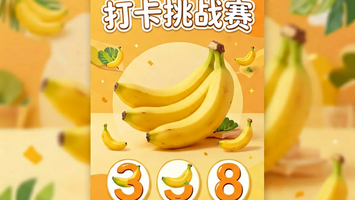 香蕉社区夏日打卡活动海报设计稿，橙黄色调配香蕉图案，活动时间与奖励信息清晰排布